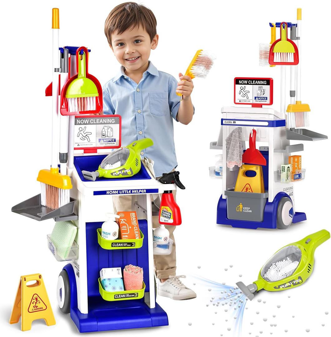 Pupu Pig Kids Cleaning Toy Set, Toddler Cleaning Set, Pretend Play Cleaning Toys with Handheld Vacuum that Really Works,Cleaning Supplies,Cleaning Cart for Kids Toddler Christmas Birthday Gift(Blue)