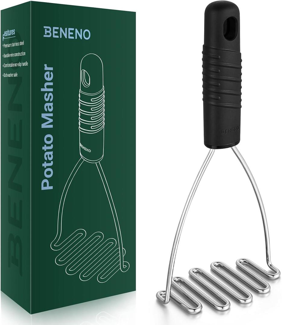 Beneno Heavy Duty Stainless Steel Wire Potato Masher with Soft Grip Handle for Effortless Mashing, Sturdy & Rust-Proof Masher Kitchen Tools for Potatoes, Dishwasher Safe, Black