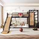 Bellemave Twin Size Bunk Bed with Basketball Hoop, Pull-up Rings and Climbing Wall, Twin Bunk Bed with Slide and Bookcase, Heavy Duty Bunk Beds with Guardrail, Natural
