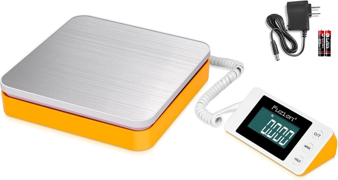 Fuzion Shipping Scale - Digital Postal Scale 110LB x 0.1oz, Large LCD Display, 5 Units, Scale for Packages, Postage - Dual Power Supply (Batteries & Adapter) (White+Orange)