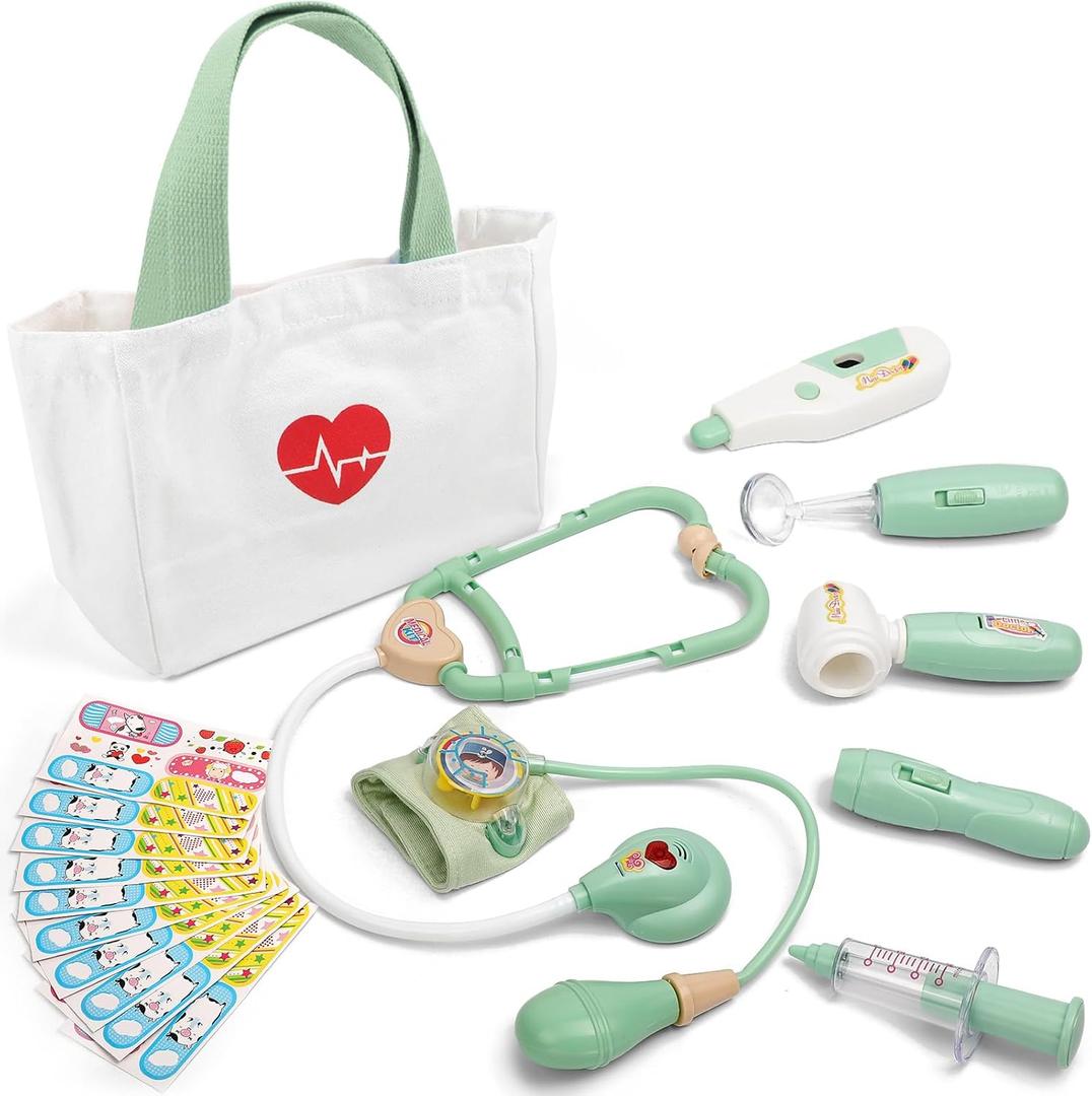 Liberry Doctor Kit for Toddlers 3-5 Years Old, 18-Piece Doctor Bag Pretend Play Toys, Durable Medical Kit with Toy Stethoscope, Green Birthday Gift for Kids