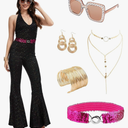 6Pcs Womens 70s Disco Outfits Jumpsuit,Women Fashion Hippie Costume Disco Accessories for Halloween Party, 2XL