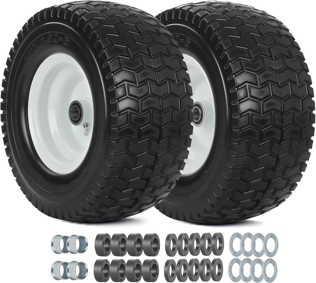 GICOOL 13x6.50-6 Tire and Wheel, 13x6.5-6" Flat-free Lawn Mower Tires, 3-6.5 Centered Hub, 3/4" or 5/8" Bearing, Universal Fit Garden Tractor Front Wheels, 4 Ply, V-Turf Pattern, 2 Pack