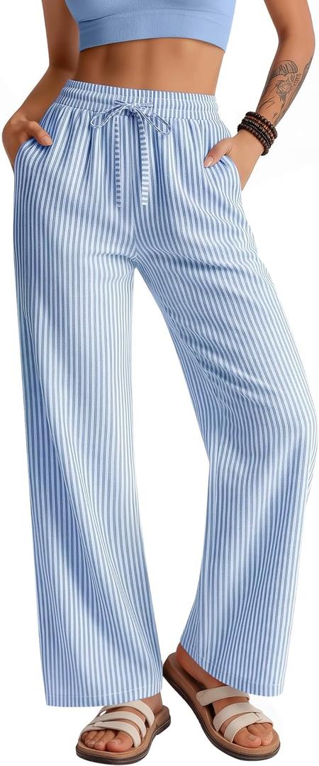 Neer Women's Striped Gingham Pants Cotton Plaid Pajama Lounge Boxer Pants Drawstring Pj Bottoms Wide Leg Trousers with Pocket(Blue White Stripe, X-Large)