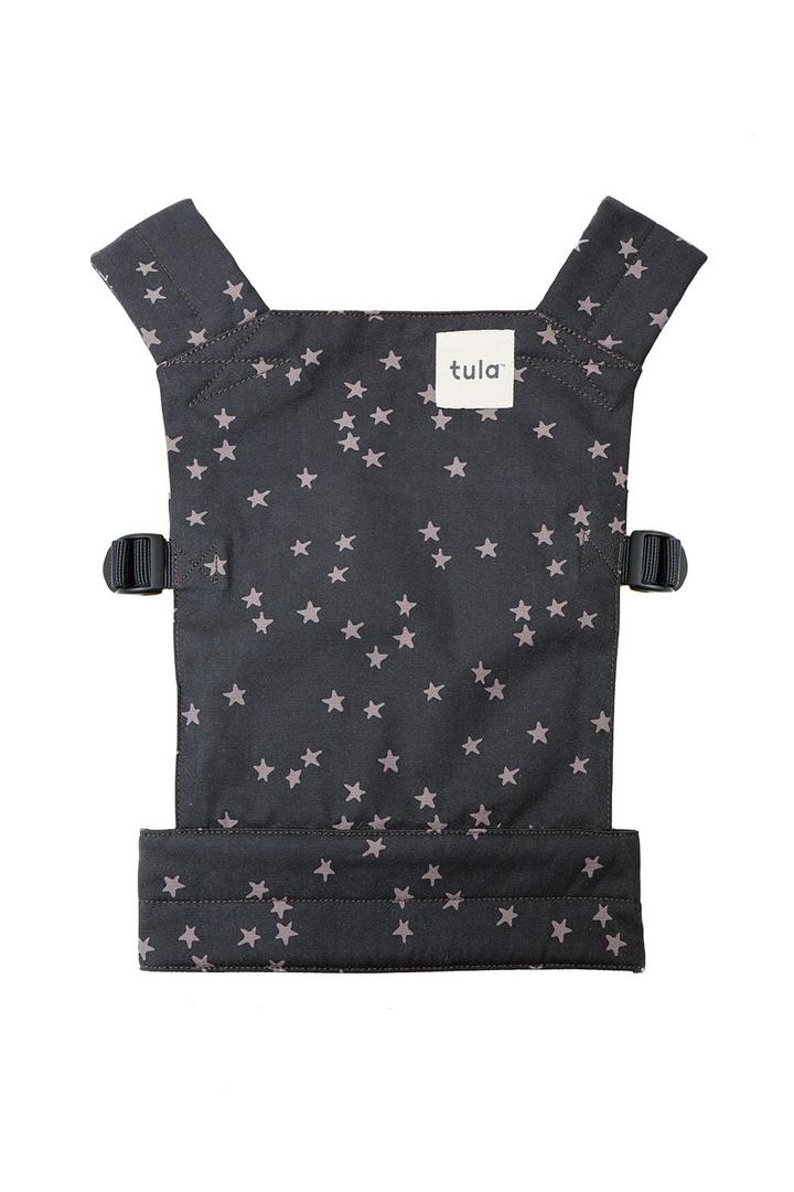 Baby Tula Mini Toy Carrier for Dolls and Stuffed Animals, Child-Sized Toy Carrier with Adjustable Straps, Soft Fabric and Easy Fit for Kids' Imaginative Play - Discover (Black/Stars)