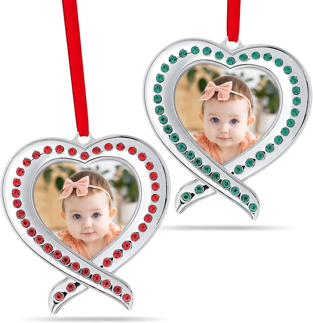 Klikel Christmas Photo Ornament - Silver Heart Photo Frame - 2 Pc Picture Ornament for Tree - Red and Green Frame with Gift Box