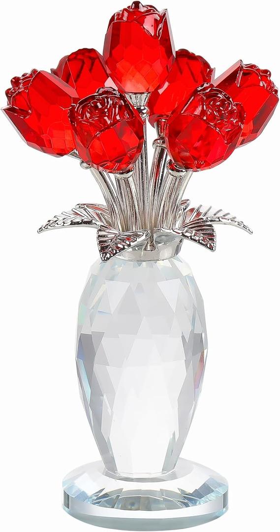 YWHL Crystal Red Rose Bouquet Figurine With Vase, Handmade Glass Flower Gifts for Women on Mother's Day Valentine's, Crystal Rose With Stem Home Table Decor for Christmas Birthday