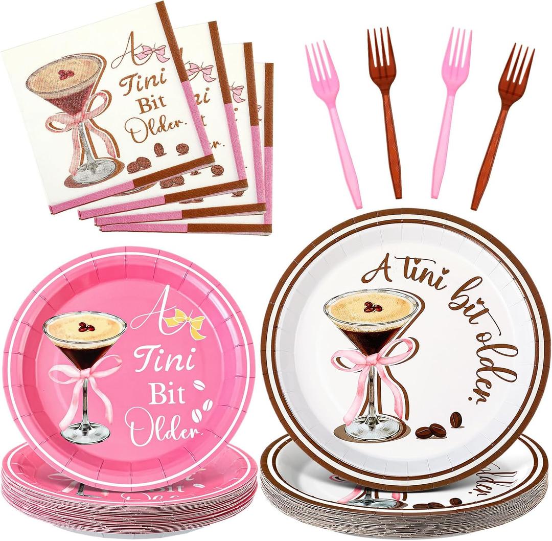 Crtiin 120 Pcs A Tini Bit Older Party Supplies Espresso Martini Disposable Paper Plates Napkins Forks Bachelorette Pink Bow Tableware Martini Birthday Party Dinnerware for Bar Wedding Decors