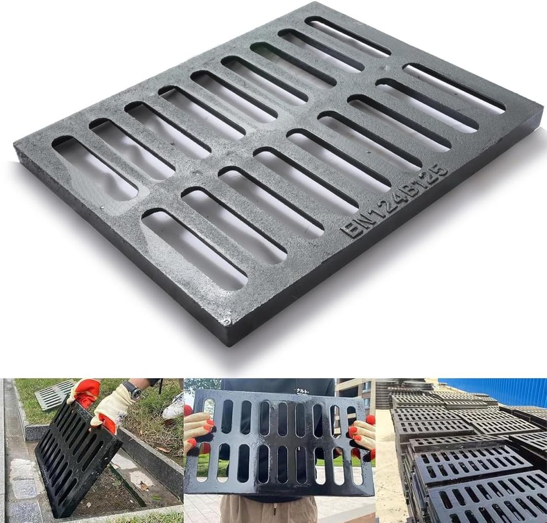 Cast Iron Drain Grate, 24in*16in Heavy Duty Outdoor Drain Cover, B125 Class Channel Grate, Metal Sewer Grate, Black Square Drainage Grate for Concrete Floor, Yard, Driveway & Garage.
