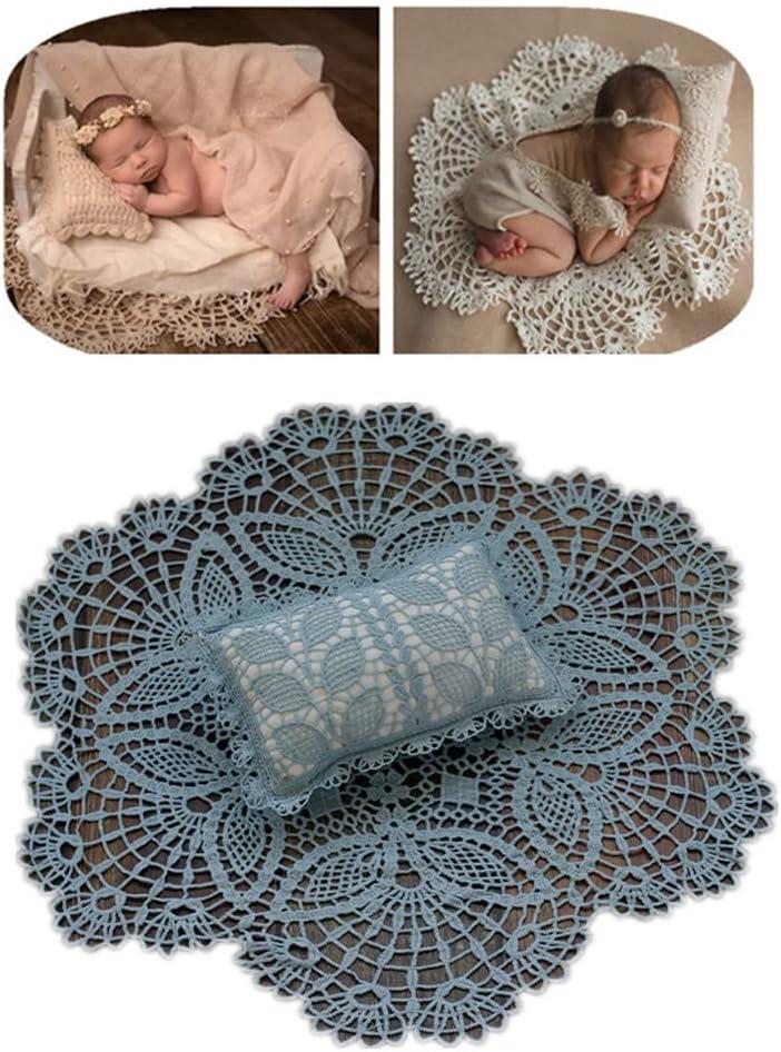 Coberllus Newborn Baby Photography Props Boys Girls Posing Posing Positioner Pillow & Hollow Out Lace Round Rug Backdrop Blanket Set (Blue)
