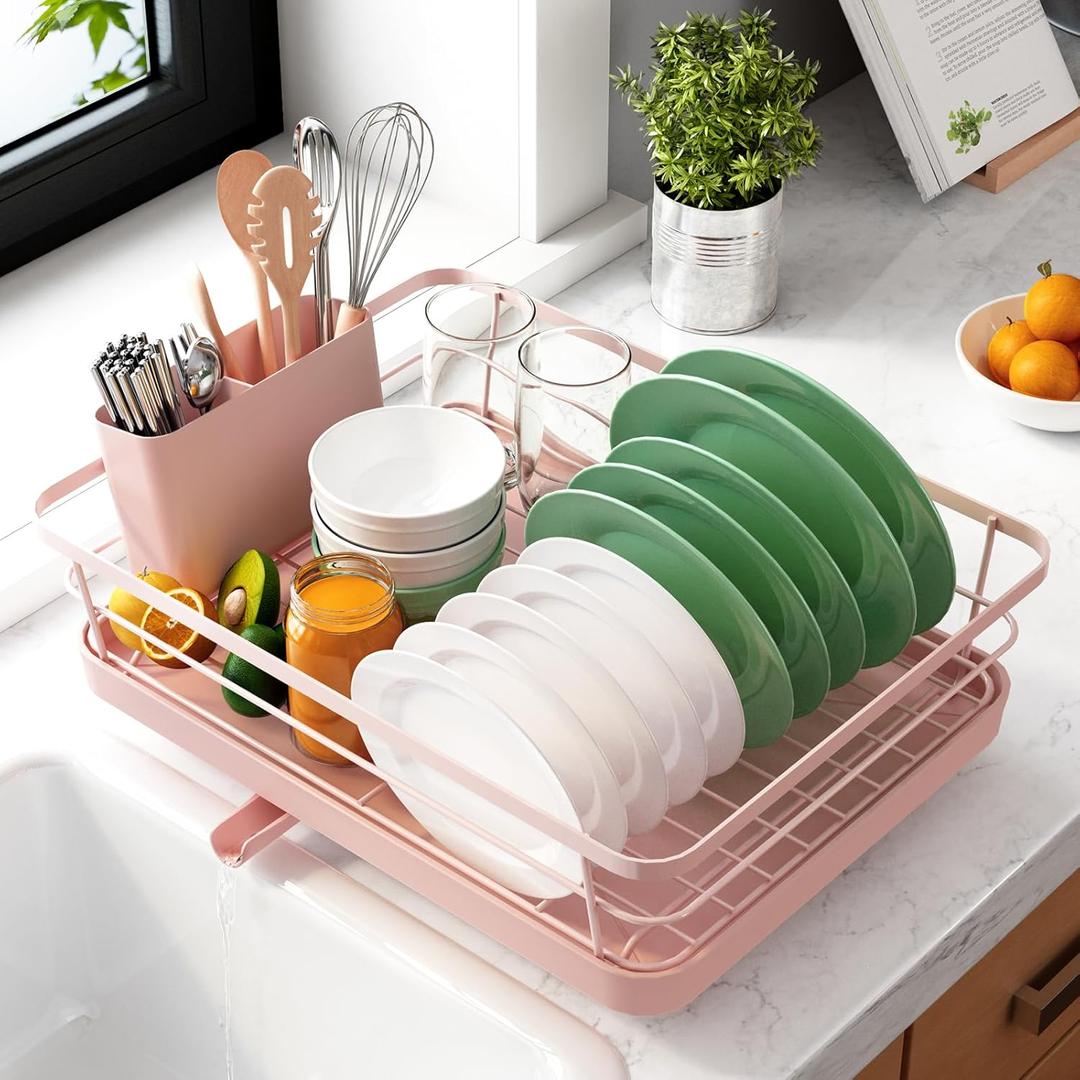 Kitsure Dish Drying Rack for Kitchen Counter, Stainless Steel Sink Organization and Storage Essentials with Cutlery Holder, Home and Appartment Decor, 12''W x 15.5''L, Pink