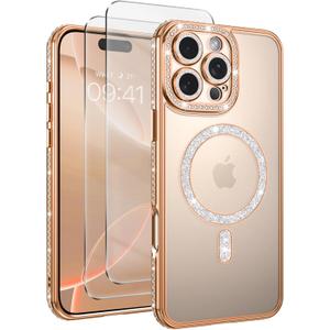DOMAVER Desert Titanium for iPhone 16 Pro Max Case Glitter with 2X Screen Protector [Fit for MagSafe] Cute Girly Bling Diamond Phone Case Built-in Camera Lens Protector, Military Protection Cover