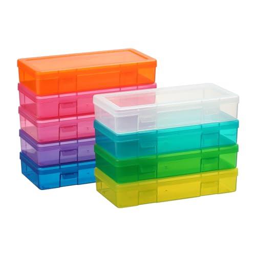 novelinks Plastic Small Storage Bins with Lids for Organizing, Mini Clear Storage Containers and Stackable Storage Box Organizer for Pencil Boxes, Task Boxes, Crayon Boxes (9 Pack Medium -Color)