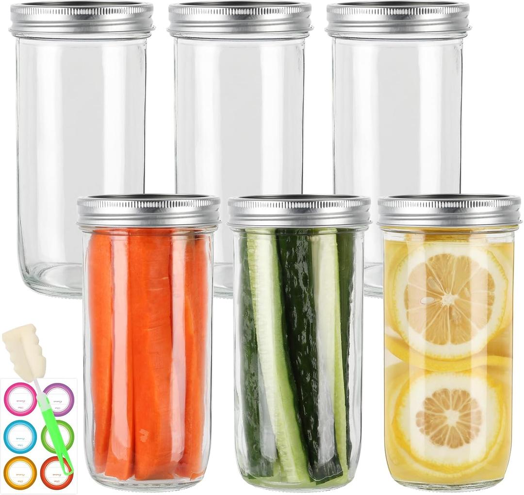 24 oz Wide Mouth Mason Jars 6 Pack, Glass Canning Jars with Airtight Lids, Leakproof Reusable Storage Containers for Pickling, Jam, Honey, Sauces, DIY Projects, Great Value Set with Secure Packaging