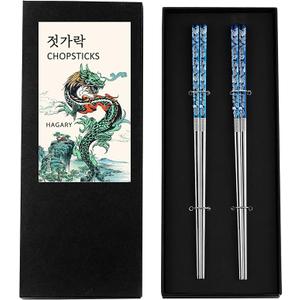 Hagary Dragon Chopsticks Metal Reusable Designed In Korea Japanese Style Stainless Steel 316 18/10 Non-Slip Dishwasher Safe Laser Etched (Blue - 2 Pairs)