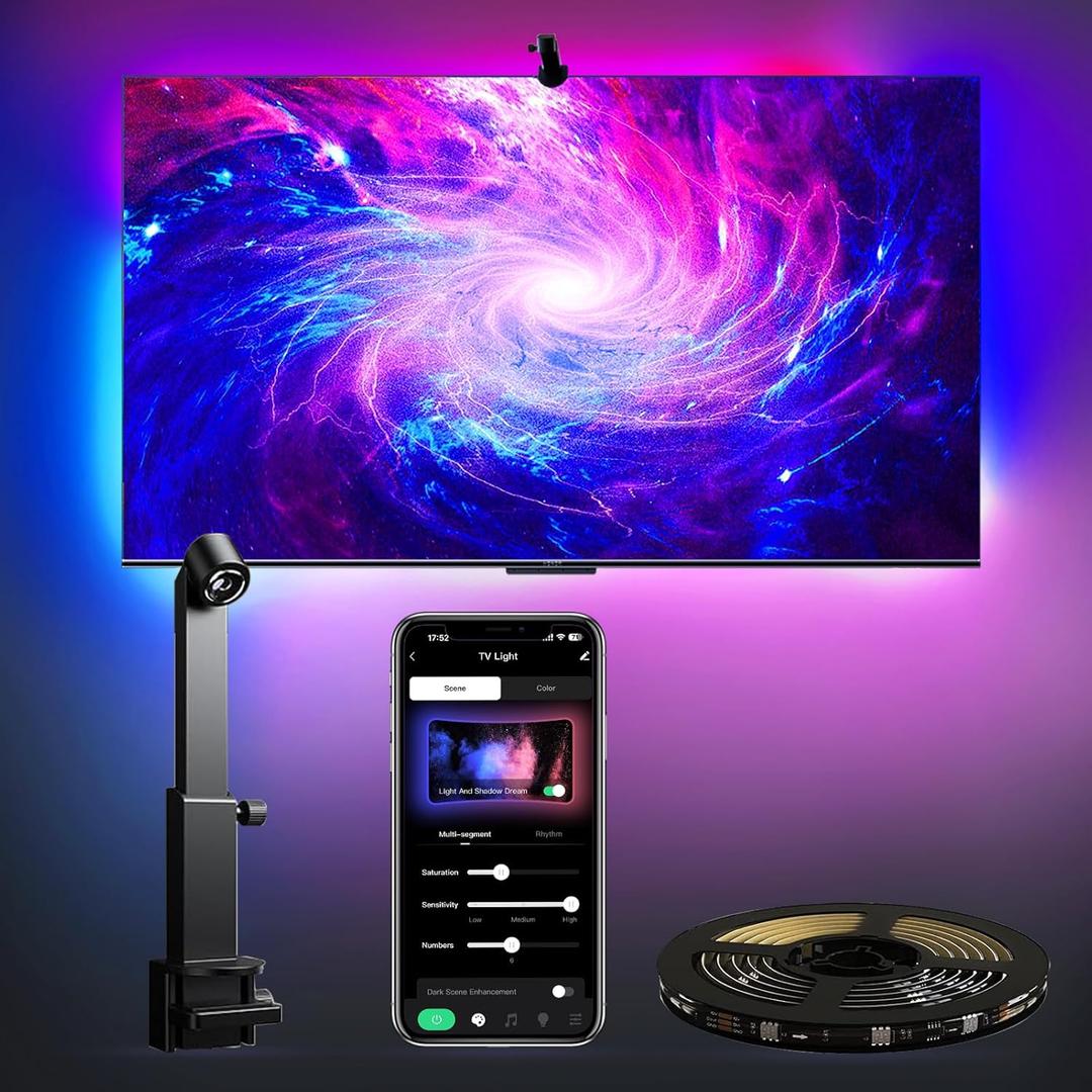 TV LED Backlight with Camera for 55-65 inch Screens, 13Ft LED Strip Lights Sync to Screen & Music, RGB Built in Chip Strip Lights Color Changing, Smart App Control, USB Power