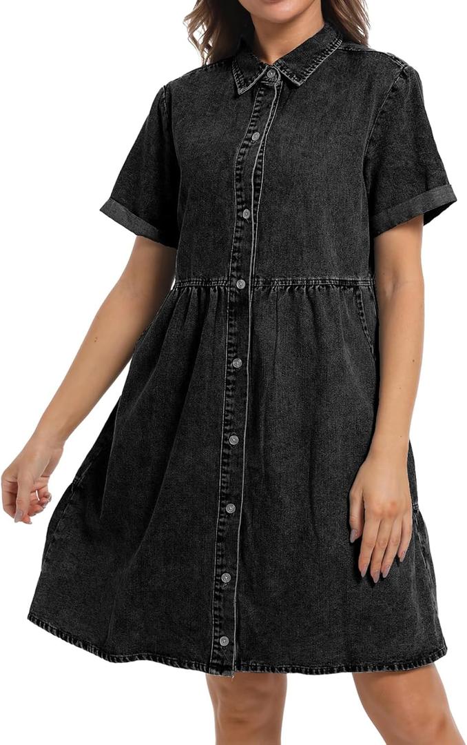 Denim Dress for Women Short Sleeve Button Down Summer Babydoll Casual Jean Dress Tunic Top (Medium)