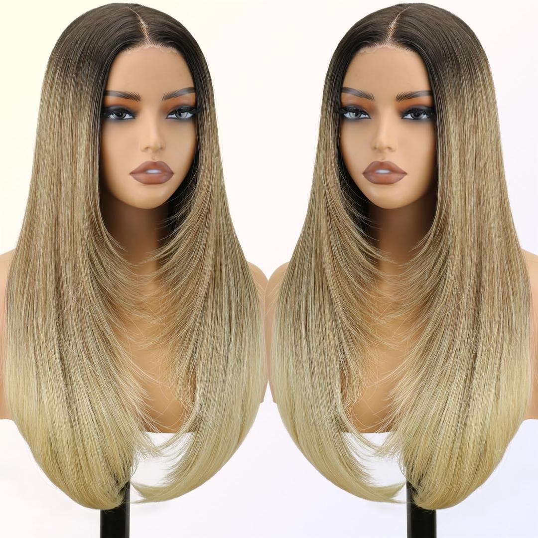 NOSTALGIA Ombre Blonde Wear and Go Glueless Wigs Pre Plucked Pre Cut for Beginners Synthetic Lace Front Wigs With Bangs Blonde Long Layered Straight Wigs (24 Inch)