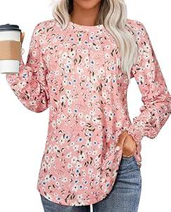 Uhiger Long Sleeve Shirts for Women 2026 Spring Dressy Casual Blouses Pleated Crewneck Tunic Tops for Leggings Cute Tee Small