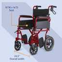 Medline Basic Aluminum Transport Chair, Lightweight Folding Transport Wheelchair with Swing-Back Arms, 12" Wheels, Red, 19 inches