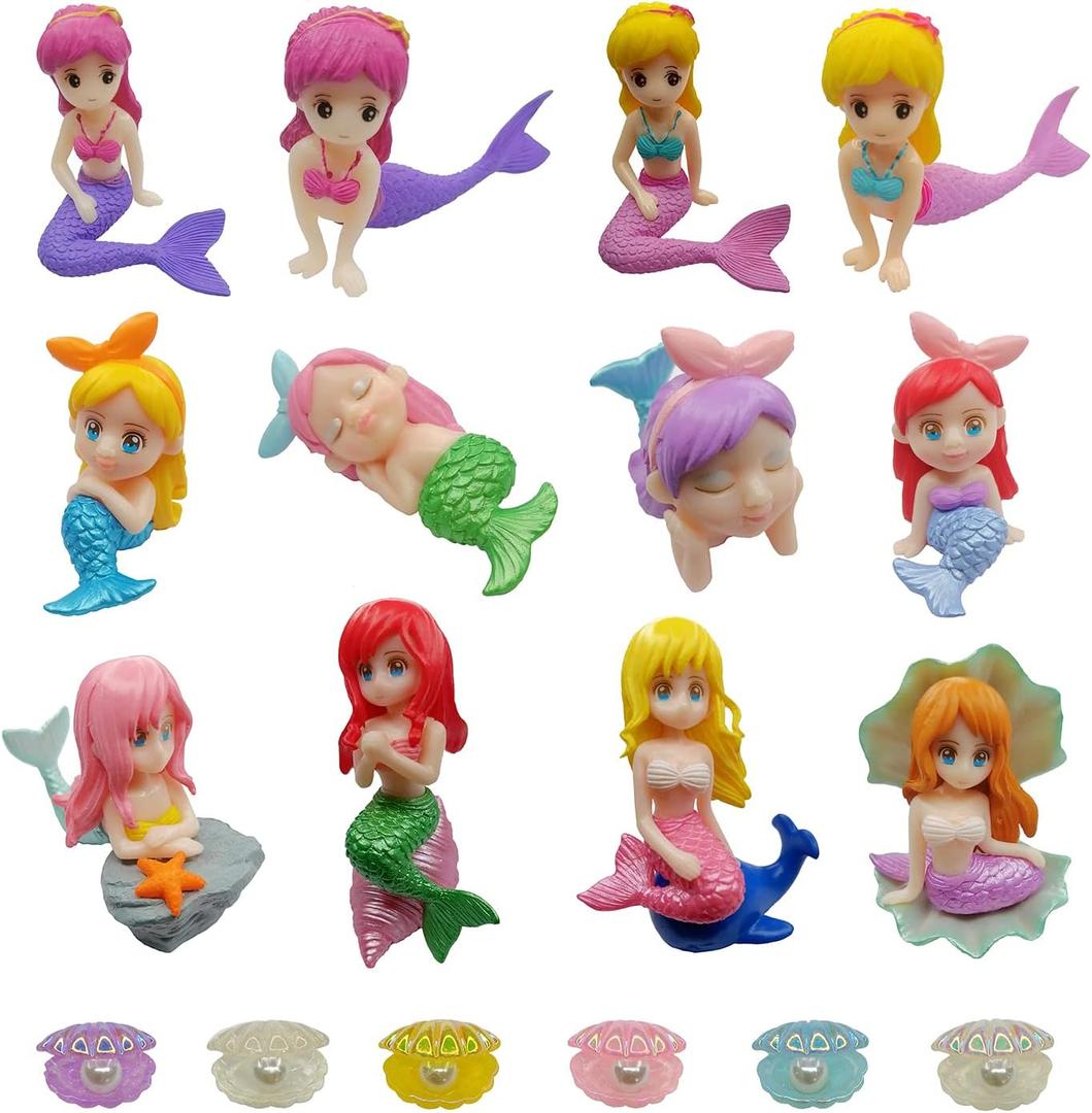 JKanruh 18 Pcs Miniature Mermaid Figurines,Mini Mermaid and Shell Pearl Figurines for Cake Decoration Home Terrarium Decoration DIY Crafts