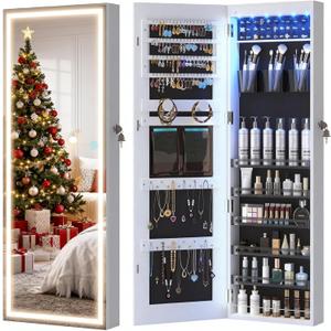 LVSOMT LED Mirror Jewelry Cabinet, Wall/Door Mount Jewelry Armoire Organizer with Lights, Full Length Mirror with Jewelry Storage, Over the Door Hanging Jewelry Cabinet (White)
