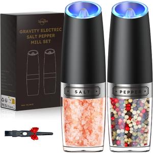 Sangcon Gravity Electric Salt and Pepper Grinder Set Automatic Shakers Mill Grinder with LED Light, BATTERY POWERED Adjustable Coarseness One Hand Operation, Upgraded Larger Capacity (Battery Powered Set/Black L)