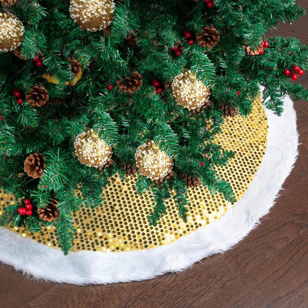 Mr. Pen- Christmas Tree Skirt 48 inches, Sparkling Gold Sequin with White Faux Fur Christmas Tree Skirts