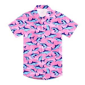 RAISEVERN Boys Button Down Shirts Hawaiian Cartoon Print Slim-Fit Short Sleeve Cool Dress Shirt Cute Top for Kids (3-4T, Shark)