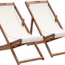 Outdoor Wooden Patio Lounge Chair 2 Set Beach Sling Chair Set Height Portable Reclining Beach Chair Solid Wood Frame with White Polyester Canvas 3 Level,Khaki