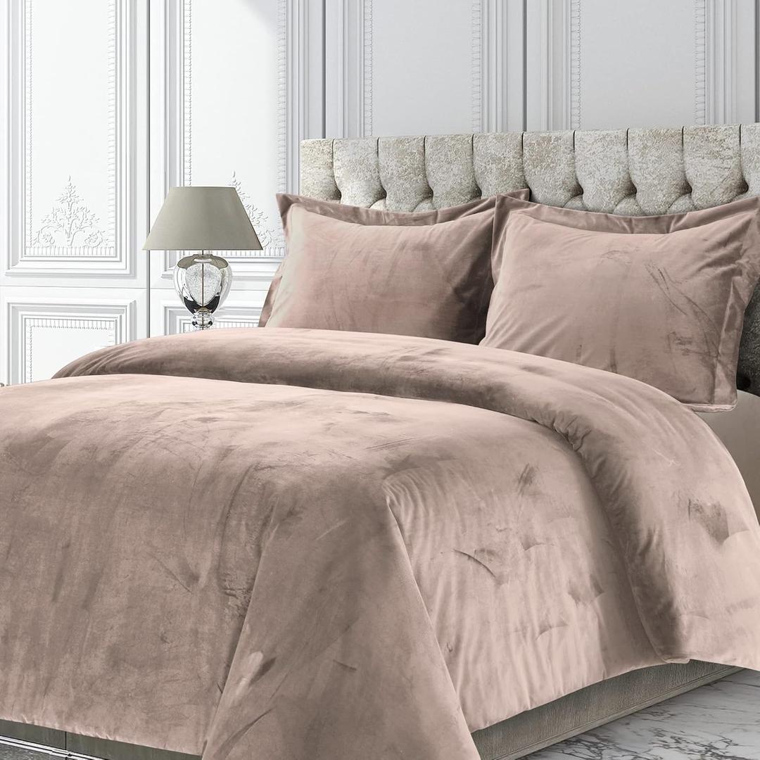 Tribeca Living Velvet Duvet Cover Queen Oversized 3 Piece Set with 2 Shams, 260-GSM Luxury Plush Velvet Duvet Cover with Microfiber Reverse in Venice Taupe Color