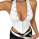WDIRARA Women's Y2K Halter Top Deep V Backless Asymmetrical Hem Cami Crop Tops (White, L)