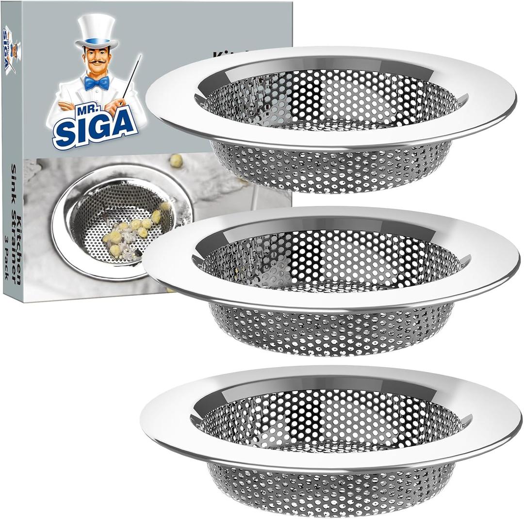 MR.SIGA Kitchen Sink Strainer, Stainless Steel Sink Drain Strainer, Dishwasher Safe, Outer Diameter 4.4 inch/11.2cm, Inner Diameter 3 inch/7.6cm, Pack of 3 (Silver)