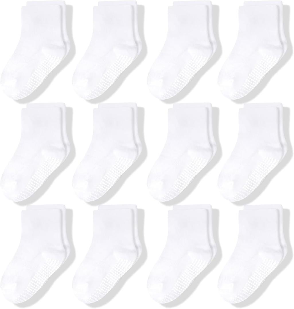 CozyWay Baby & Toddler Socks With Grippers Non Slip Crew Grip Socks for Girls and Boys Soft Comfy Cotton - 12 Pack (3-5T, White)