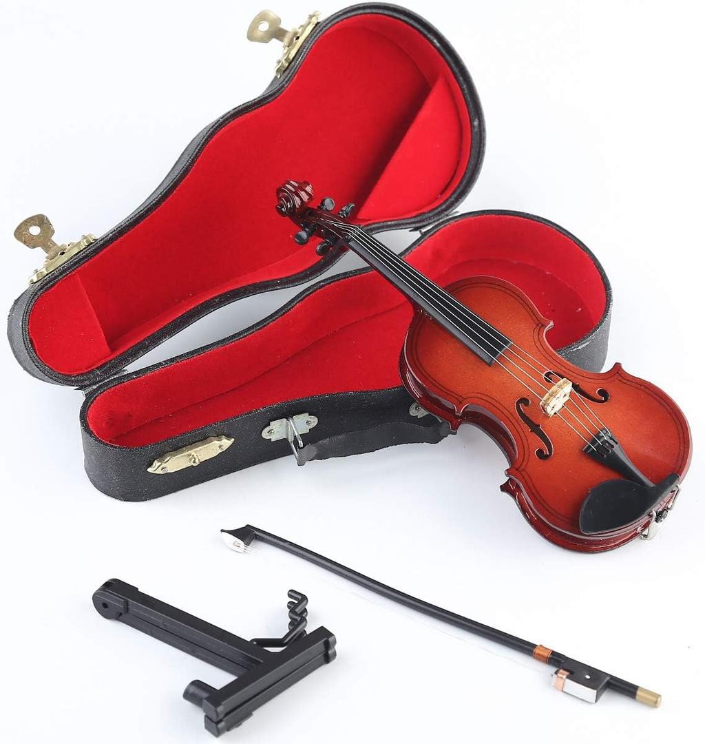 Miniature Violin with Stand, Bow and Case Mini Musical Instrument Miniature Dollhouse Model Home Decoration (3.15"x1.18"x0.59") (6.31"x2.24"x0.98")