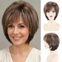SEVENCOLORS Short Mixed Brown Wigs for White Women Natural Layered Short Wigs with Bangs Synthetic Hair Wig with Blonde Highlights