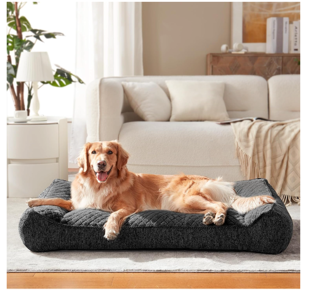 JOEJOY Orthopedic Dog Beds Large Sized Dog, XL EggCrate Memory Foam Pet Couch Bed with Bolster Sides, Waterproof Lining, Removable Washable Cover & NonSlip Bottom, Grey