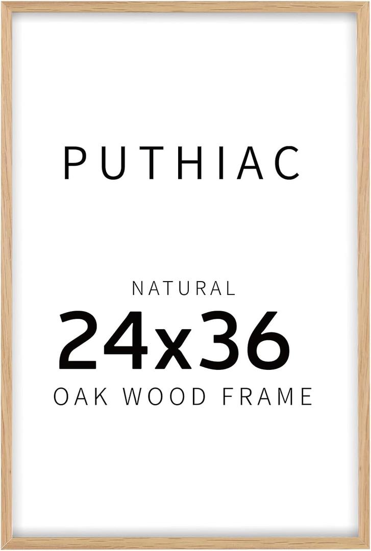 puthiac 24x36 Solid Oak Wood Picture Frame, 24 x 36 Poster Frames for Wall, Vertical or Horizontal, Plexi Front, 1 Pack, Natural Oak