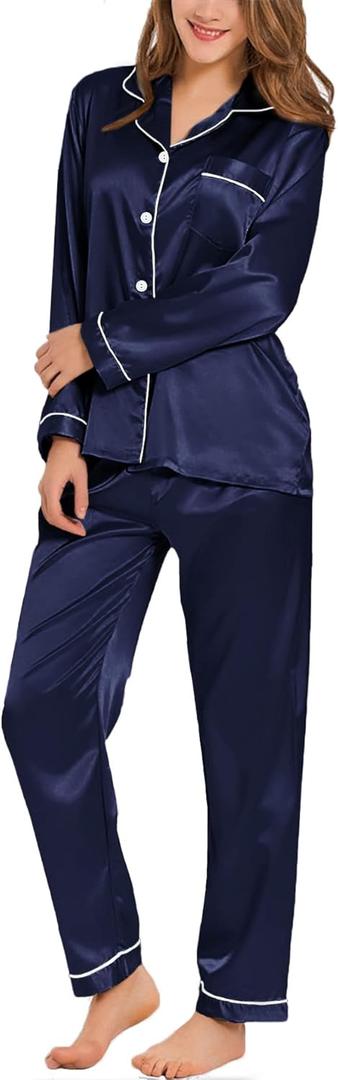 SWOMOG Womens Silk Satin Pajamas Set Long Sleeve Button Down Sleepwear 2 Piece Lounge Set Pj Set XS-3XL (Large, Deep Navy Blue)