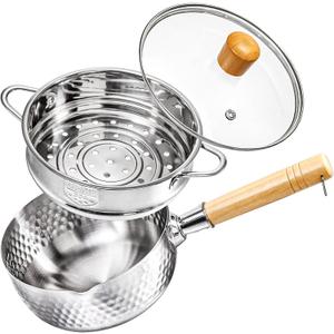 DEAYOU Stainless Steel Saucepan with Steamer, 1.2 Quart Yukihira Sauce Pan with Lid, Traditional Japanese Small Cooking Pot with Wood Handle and Two Side Spouts for Milk, Ramen, Soup, Tempura, 7"
