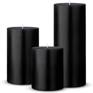 Set of 3 Different Sizes Black Pillar Candles, Unscented Dripless 2.75x3, 2.75x4, 2.75x6 Inch Cylinder Column Wax Long Burning Candles for Halloween Home Power Outage Emergency Dinner Table Decoration