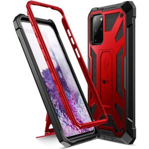 Poetic Spartan Series Designed for Galaxy S20+ Plus Case, Full-Body Rugged Dual-Layer Metallic Color Accent Premium Leather Texture Shockproof Protective Cover with Kickstand, Metallic Red