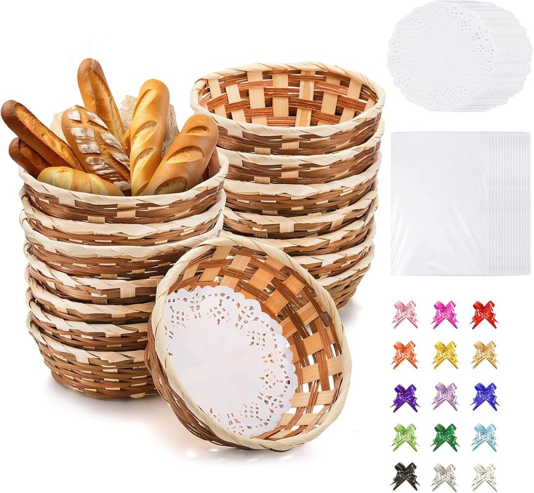 15Pcs Round Gift Baskets, Bamboo Small Bread Fruit Baskets,Woven Bread Roll Baskets with Gift Bags Ribbons Deli Paper Sheets,Food Serving Storage Baskets for Kitchen Restaurant Display Decor