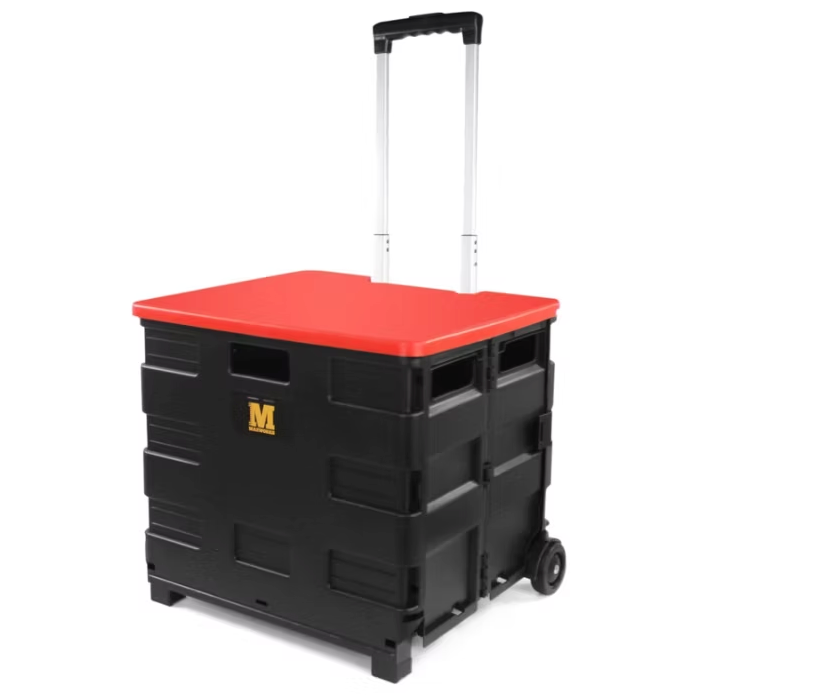 MaxWorks 50830 Collapsible Black Rolling Folding Dolly Cart for Teachers - Multi-Functional Teacher Dolly with Extra Storage, Durable Wheels, and Easy-to-Fold Design for Classroom, Office, Shopping