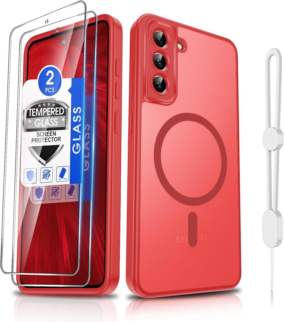 for Samsung Galaxy S21 FE Phone Case:[𝐍𝐨𝐭 𝐅𝐢𝐭 𝐒𝟐𝟏][Compatible with MagSafe] with Tempered Screen Protector,Slim Cover,with Strap & Military Lens Protector S 21FE,Funda para S21FE,Red