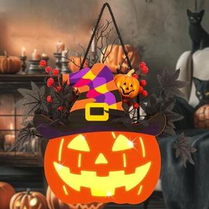Halloween Pumpkin Decorations, Lighted Jack-O-Lantern with Maple Leaves Berries Witch's Hat, Halloween Wreaths Door Sign Wood Pumpkin for Front Door Indoor Outdoor Yard Party Cartoon Hanger Decor