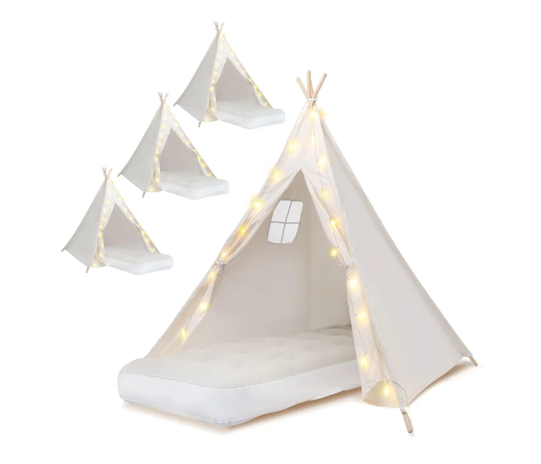 4 Pack Teepee Tent for Kids [Thickened] with Light String and Inflatable Airbed, Slumber Party Tents, Sleepover Tents Party for Girls Boys Indoor Outdoor (White)