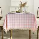 Romanstile Spring Pink Gingham Tablecloth Rectangle, Outdoor Waterproof Heavy Duty Linen Cotton Checkered Table Cloth with Tassel, Wrinkle Free Plaid Table Cover for Easter Picnic Party - 55 x 84 Inch