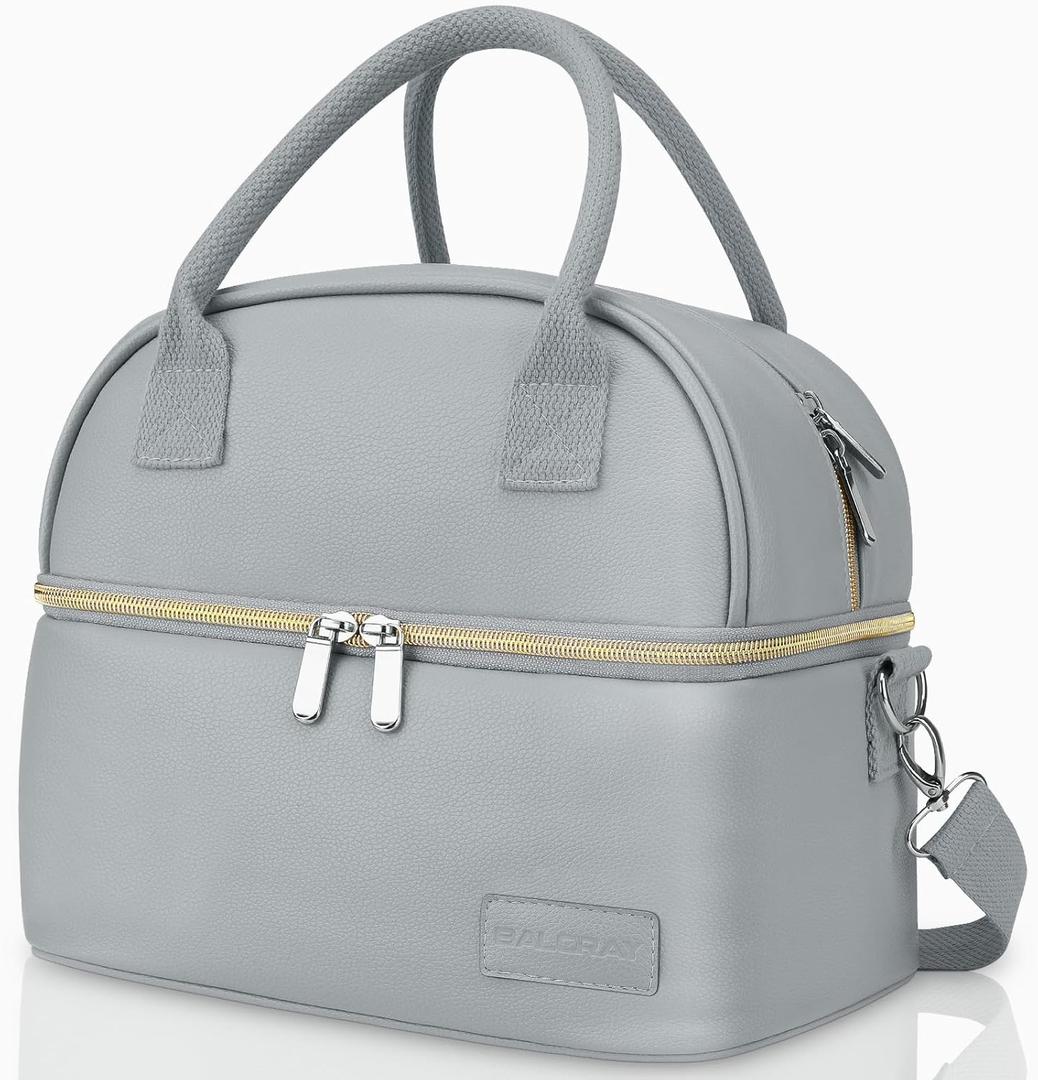 BALORAY Lunch Bag for Women Men, Double Deck Lunch Box for Adults Teens, PU Leather Lunch Tote Bag Insulated Lunch Bags with Strap for Work Office School (Gray)