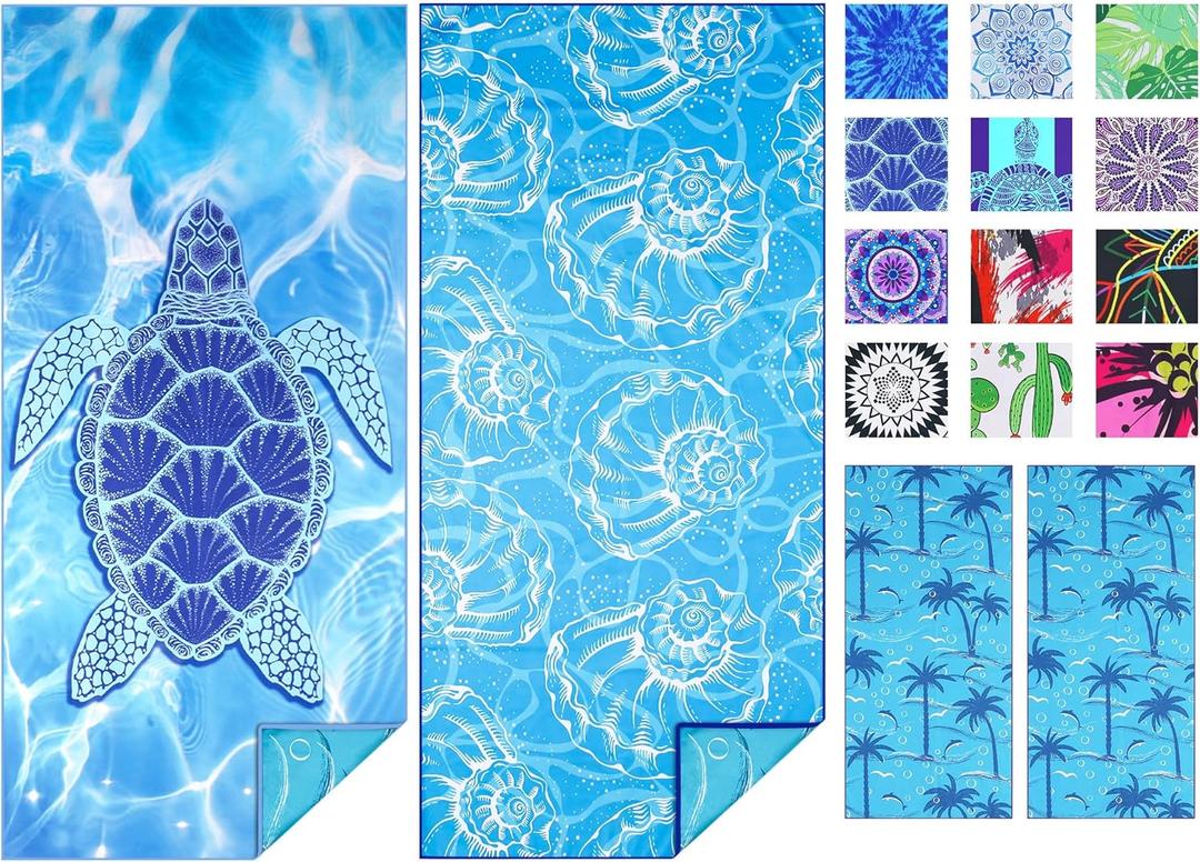 2 Pack Microfiber Thin Beach Towel Lightweight 71x32 Oversized Extra Large Sand Free Towels Quick Dry for Travel Pool Yoga Gym Sports Beach Accessories Vacation Essential Gift (2 Pcs Turtle Shell)